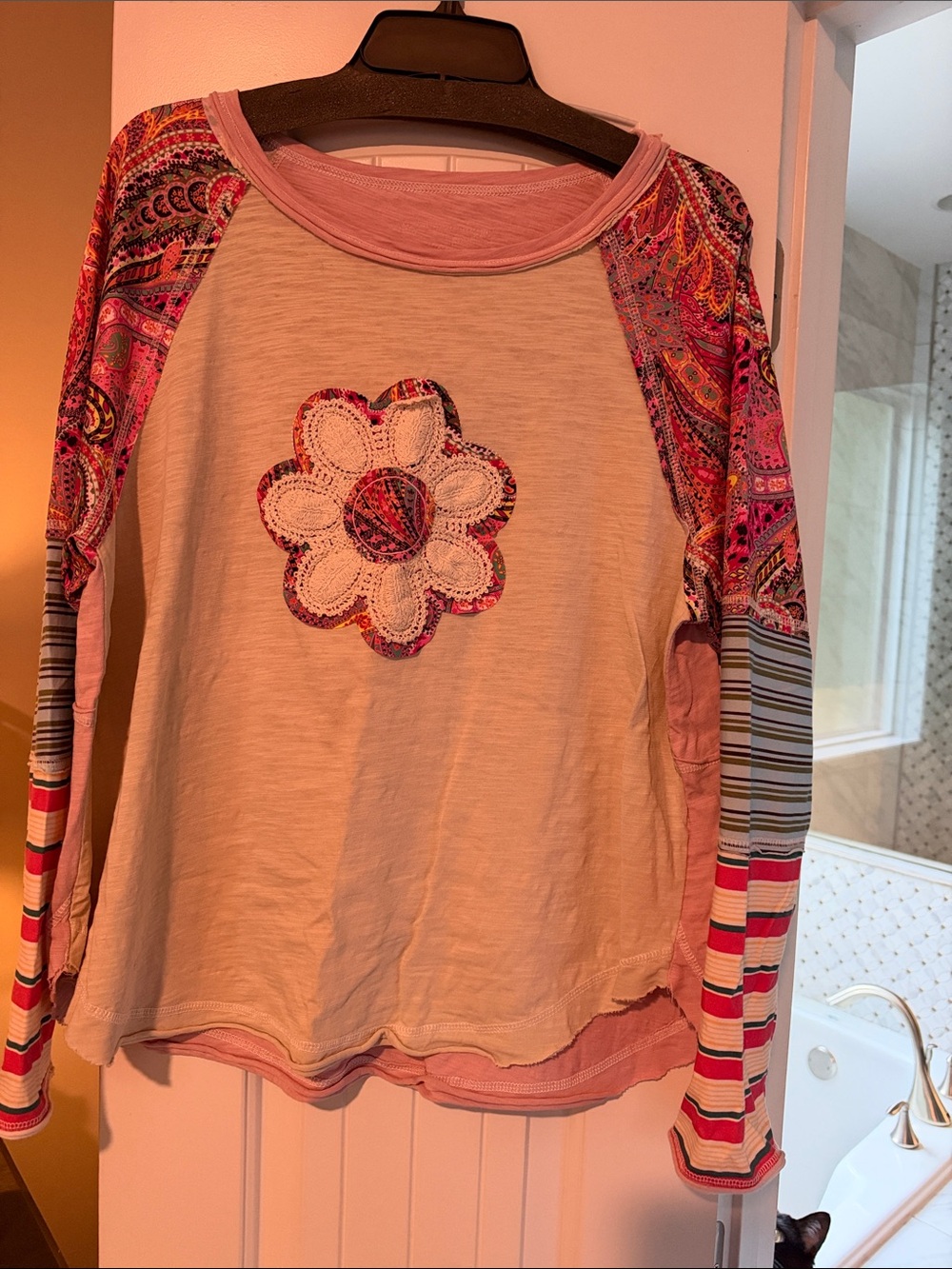NEW Women's Pink Patchwork Raglan Long Sleeve Top with Floral Applique